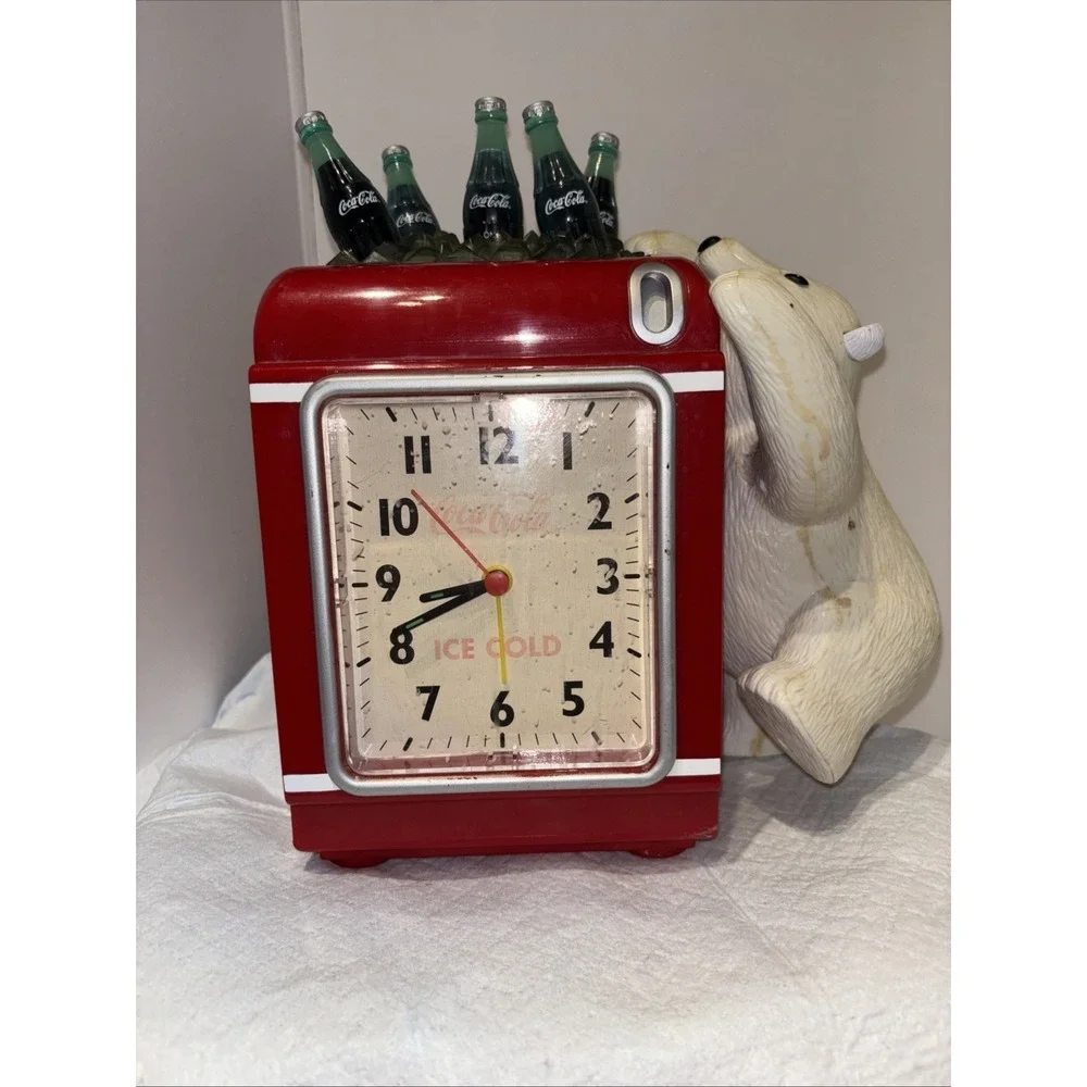 VINTAGE COCA COLA BANK / ALARM CLOCK WITH CLIMBING POLAR BEAR (WORKS GREAT!)